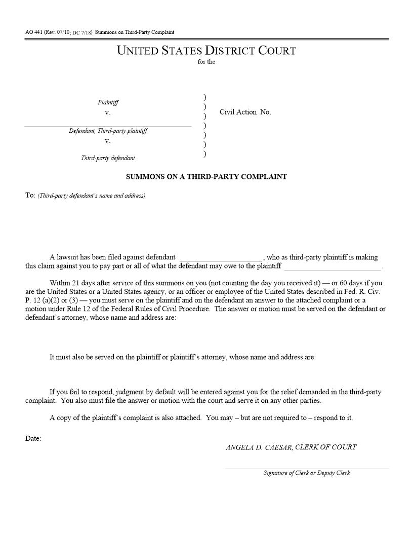 Summons  On A Third Party Complaint {AO 441} | Pdf Fpdf Docx | District Of Columbia