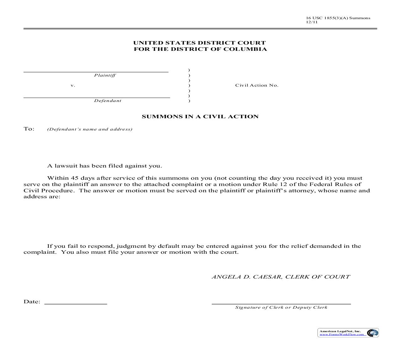 Summons In A Civil Action (45 Days) | Pdf Fpdf Doc Docx | District Of Columbia