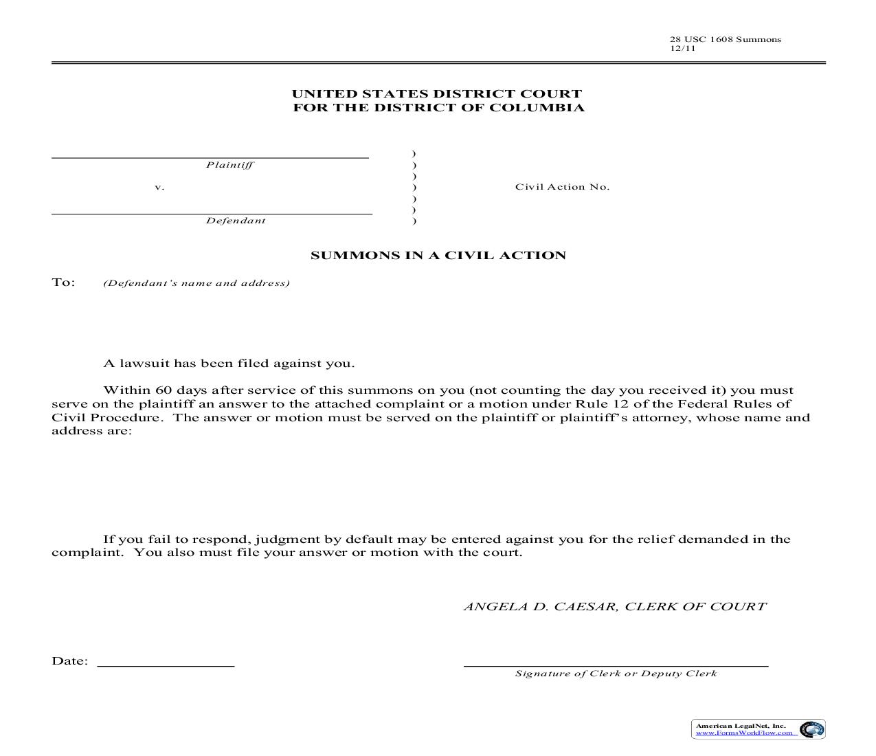 Summons In A Civil Action (60 Days) | Pdf Fpdf Doc Docx | District Of Columbia