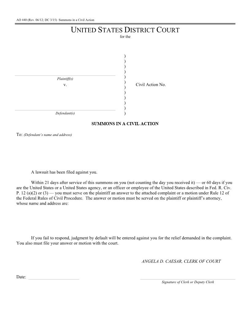 Summons In A Civil Action 21 Or 60 Days {AO 440} | Pdf Fpdf Docx | District Of Columbia