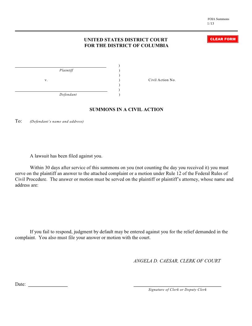 Summons In A Civil Action | Pdf Fpdf Doc Docx | District Of Columbia