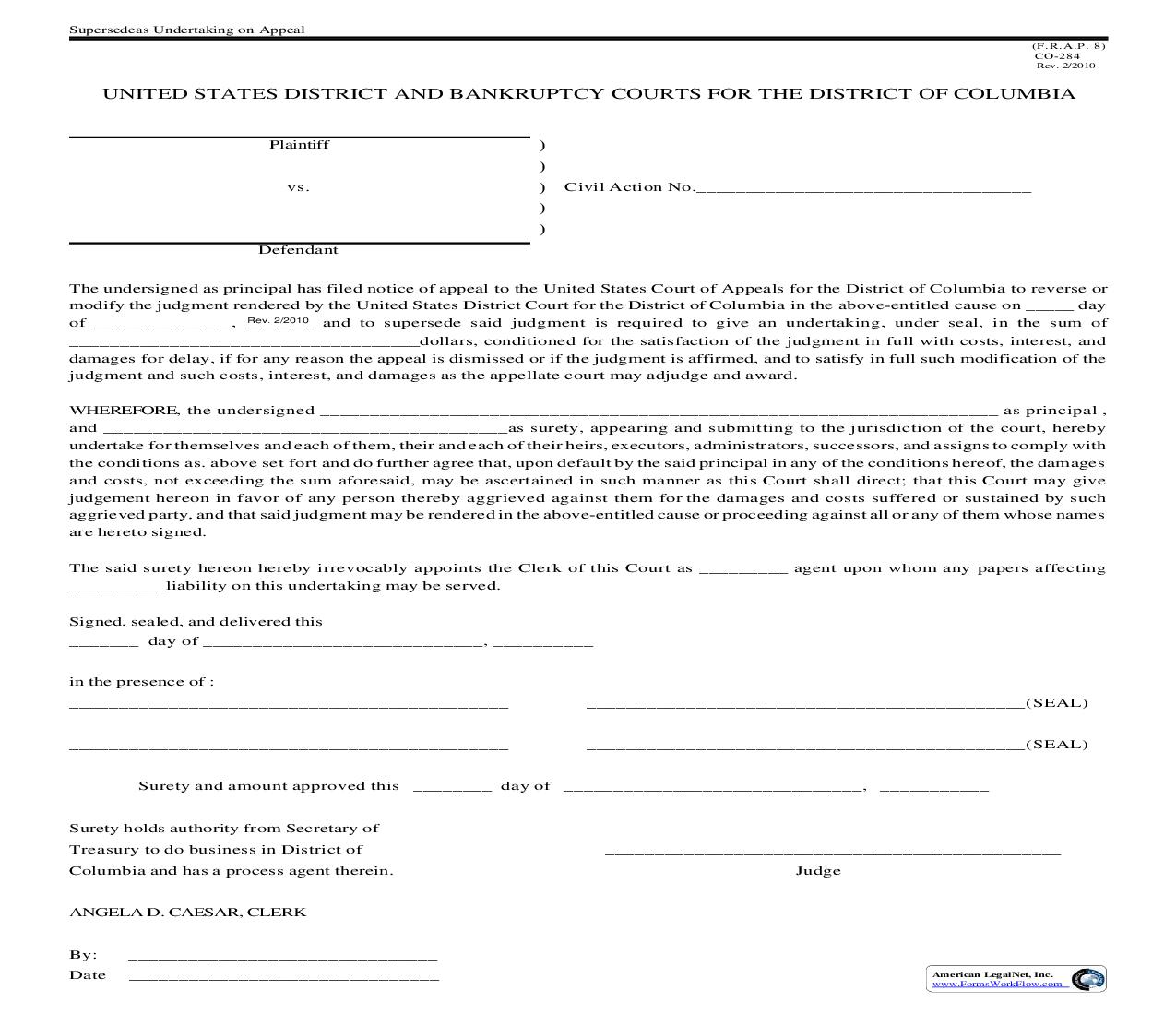 Supersedeas Undertaking On Appeal {CO-284} | Pdf Fpdf Doc Docx | District Of Columbia