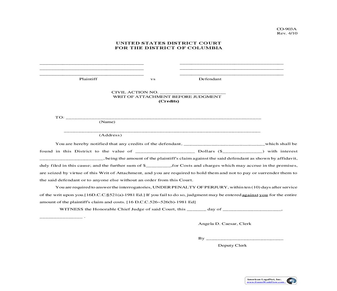 Writ Of Attachment Before Judgment {CO-903-A} | Pdf Fpdf Doc Docx | District Of Columbia