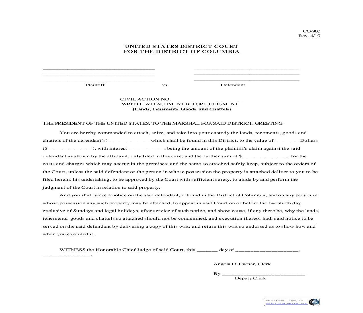 Writ Of Attachment Before Judgment Lands Tenements Goods Chattels {CO-903} | Pdf Fpdf Doc Docx | District Of Columbia
