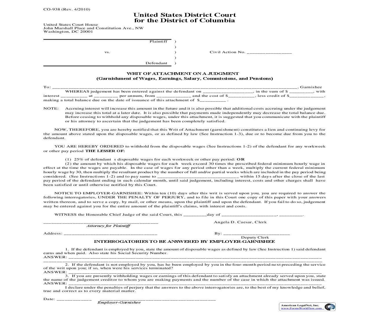 Writ Of Attachment On A Judgment Garnishment Of Wages {CO-938} | Pdf Fpdf Doc Docx | District Of Columbia