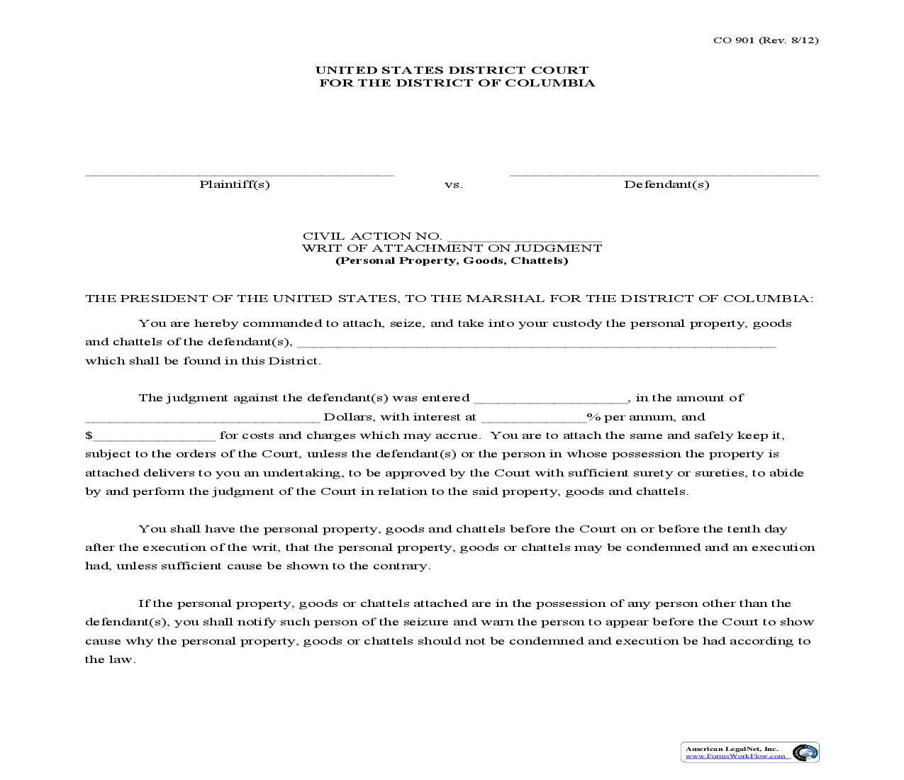 Writ Of Attachment On Judgment {CO-901} | Pdf Fpdf Doc Docx | District Of Columbia