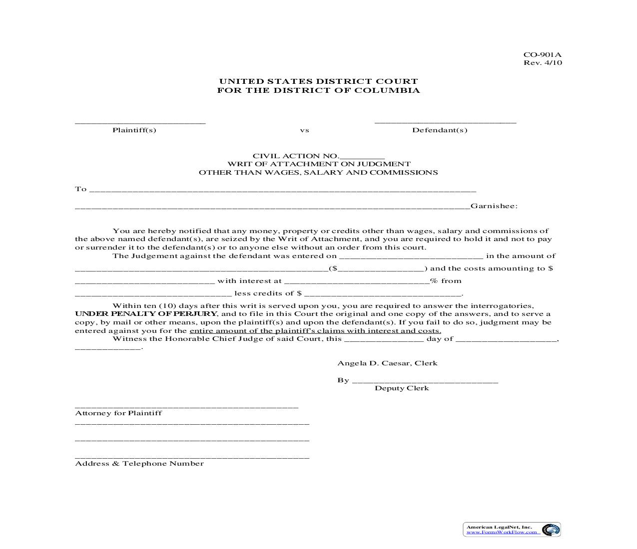Writ Of Attachment On Judgment Other Than Wages Salary And Commissions {CO-901A} | Pdf Fpdf Doc Docx | District Of Columbia