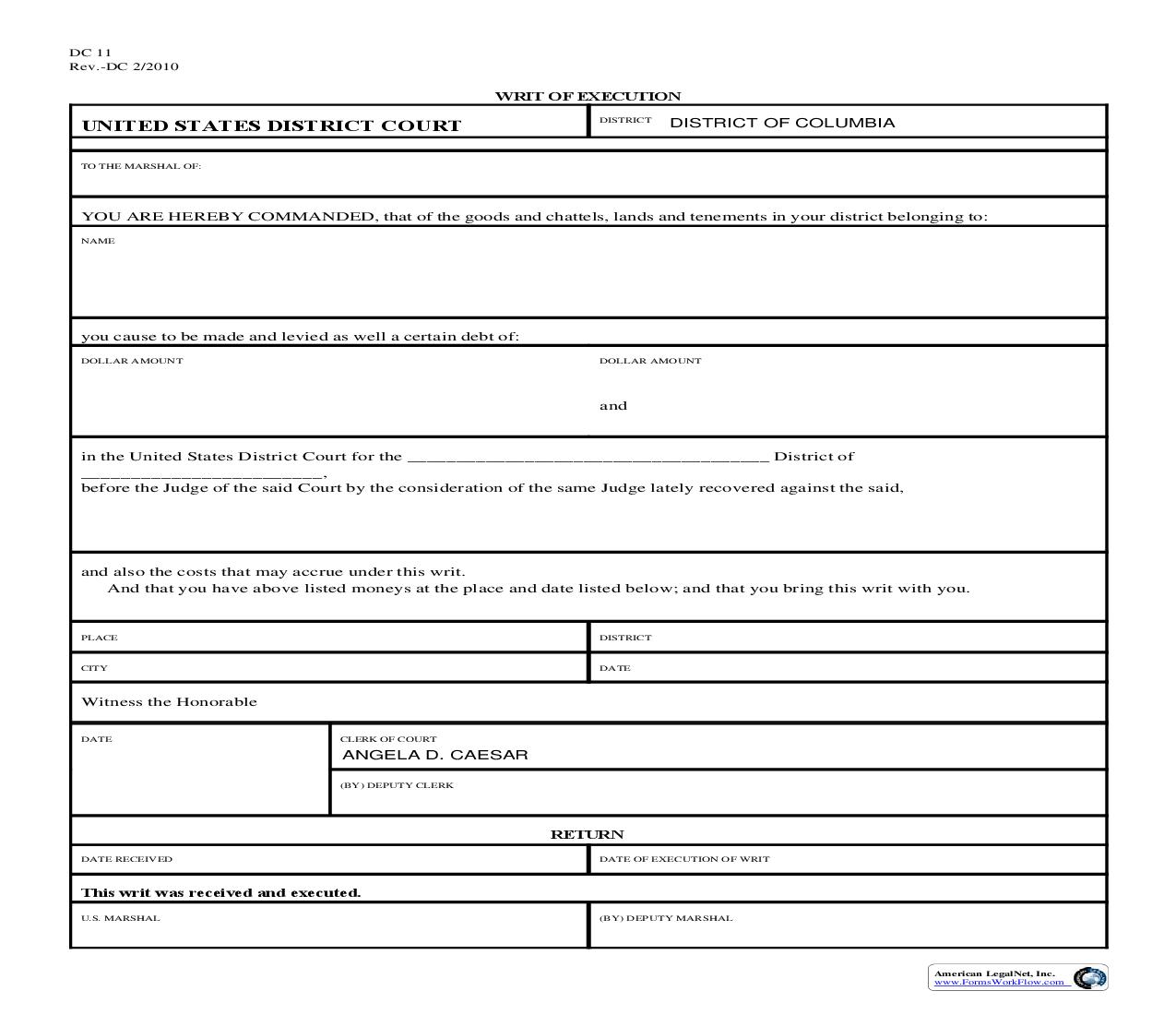 Writ Of Execution {DC 11} | Pdf Fpdf Doc Docx | District Of Columbia