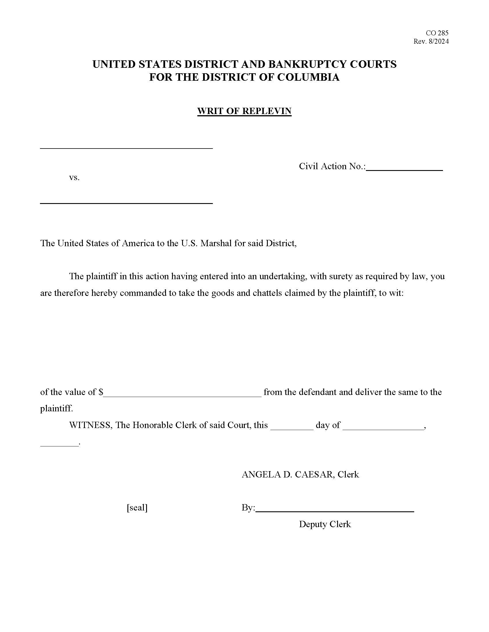 Writ Of Replevin {CO-285} | Pdf Fpdf Docx | District Of Columbia