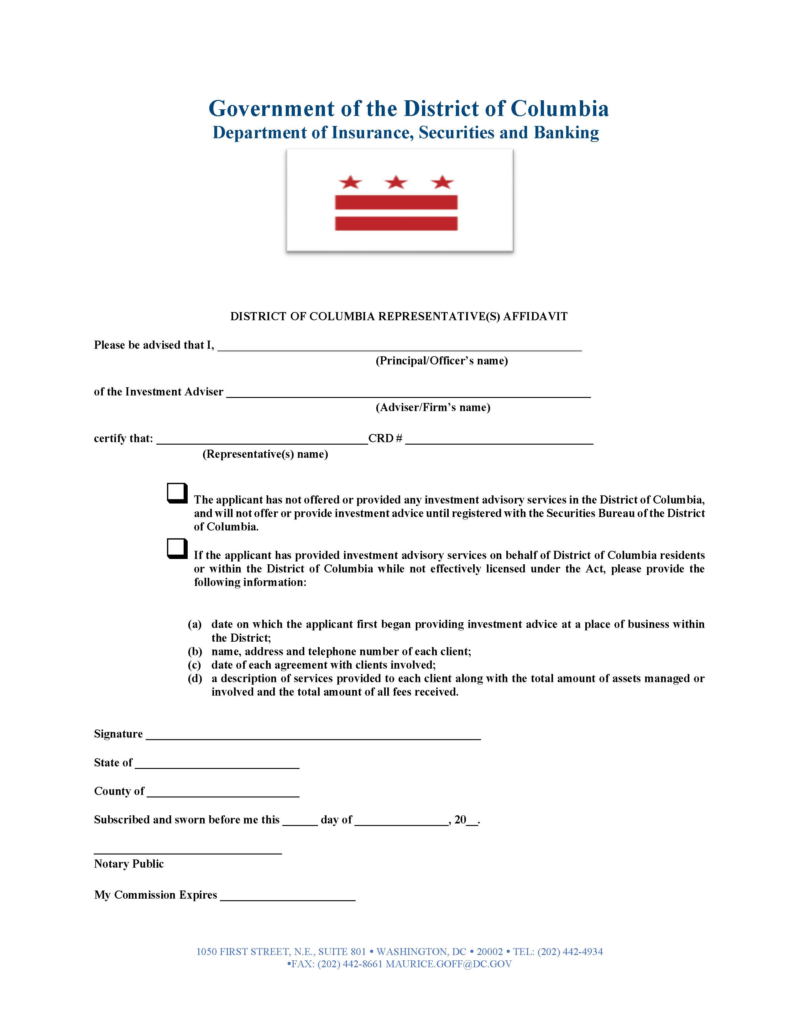 Representative(s) Affidavit {RA} | Pdf Fpdf Doc Docx | District Of Columbia