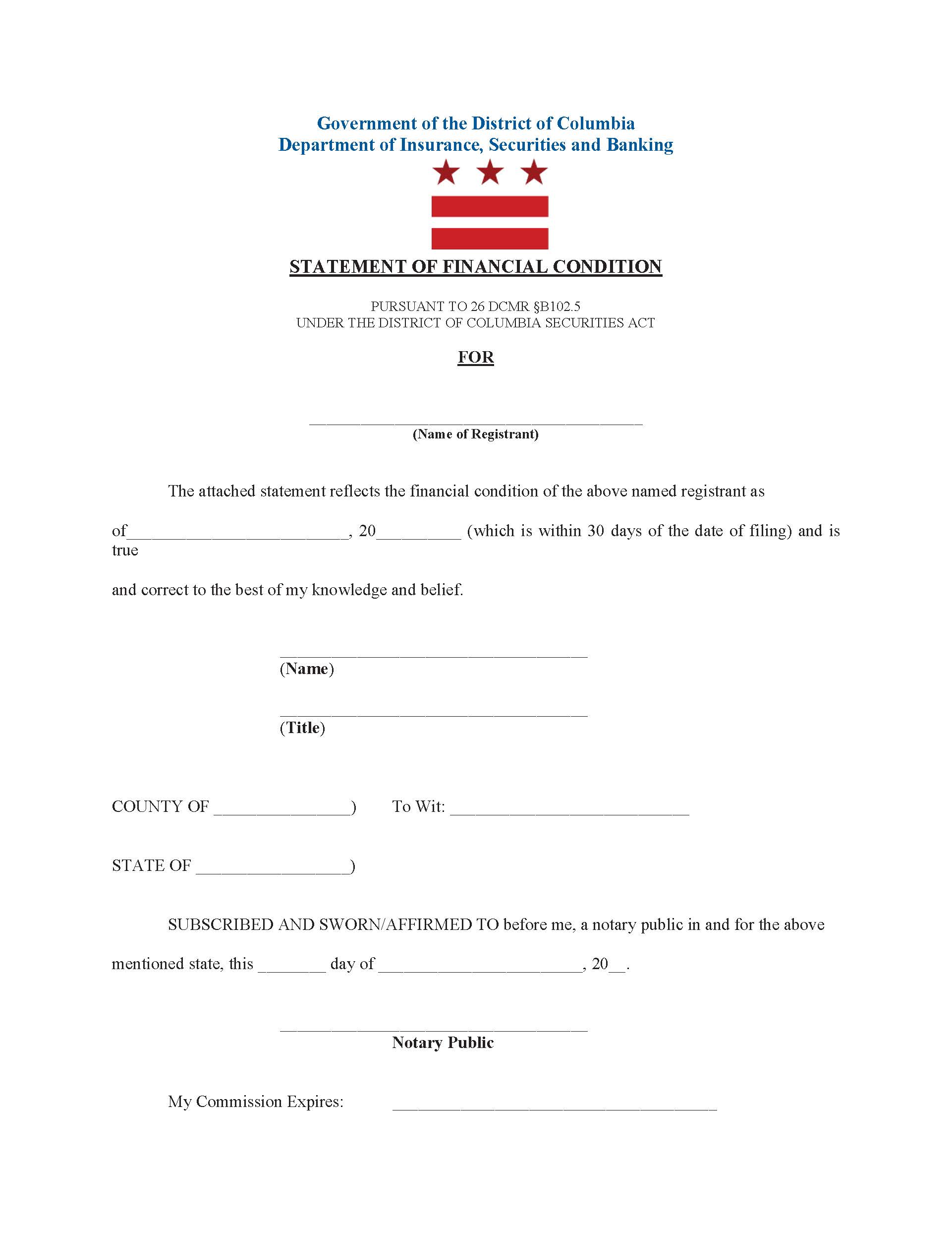 Statement Of Financial Condition {SFC} | Pdf Fpdf Doc Docx | District Of Columbia