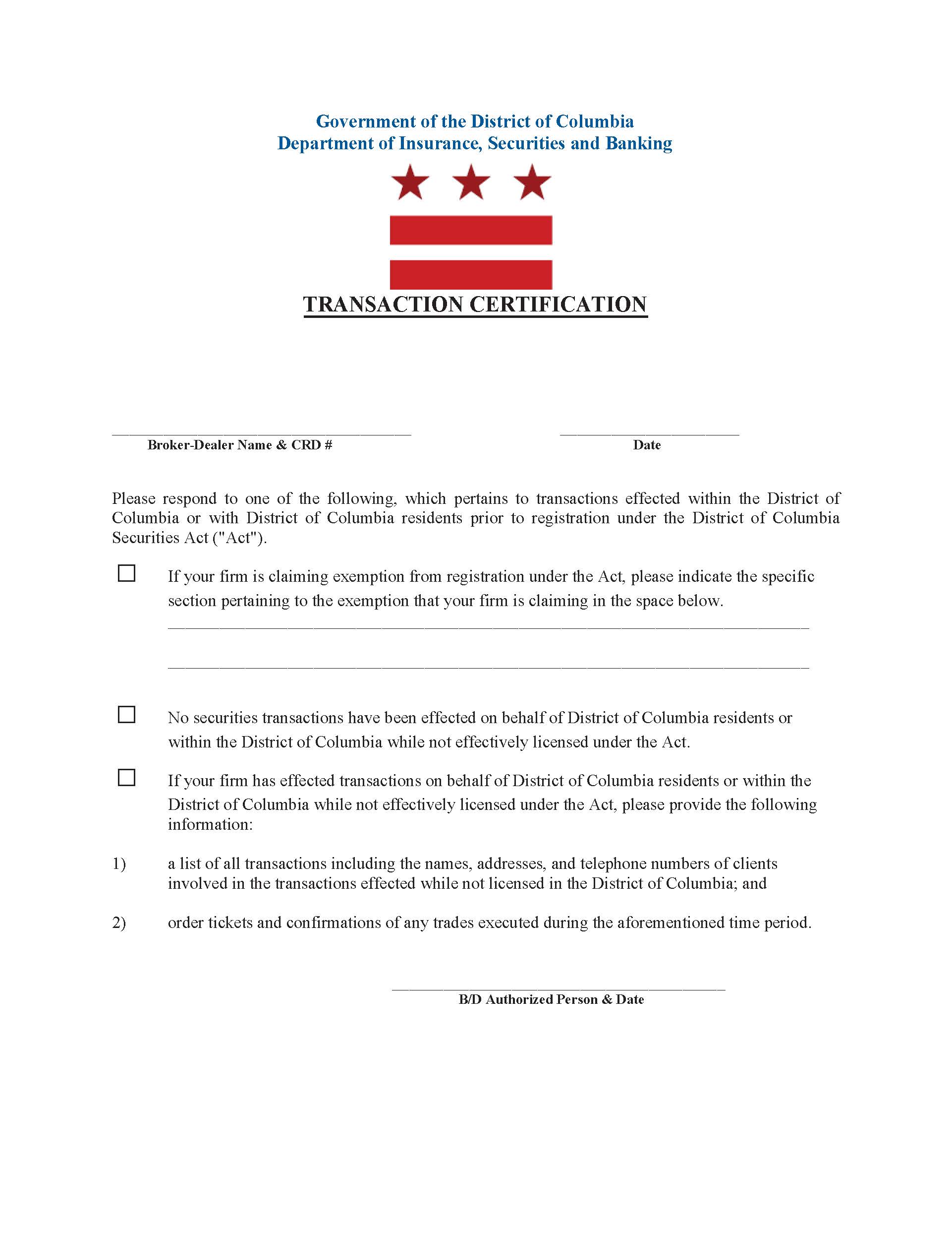 Transaction Certification {TC} | Pdf Fpdf Doc Docx | District Of Columbia