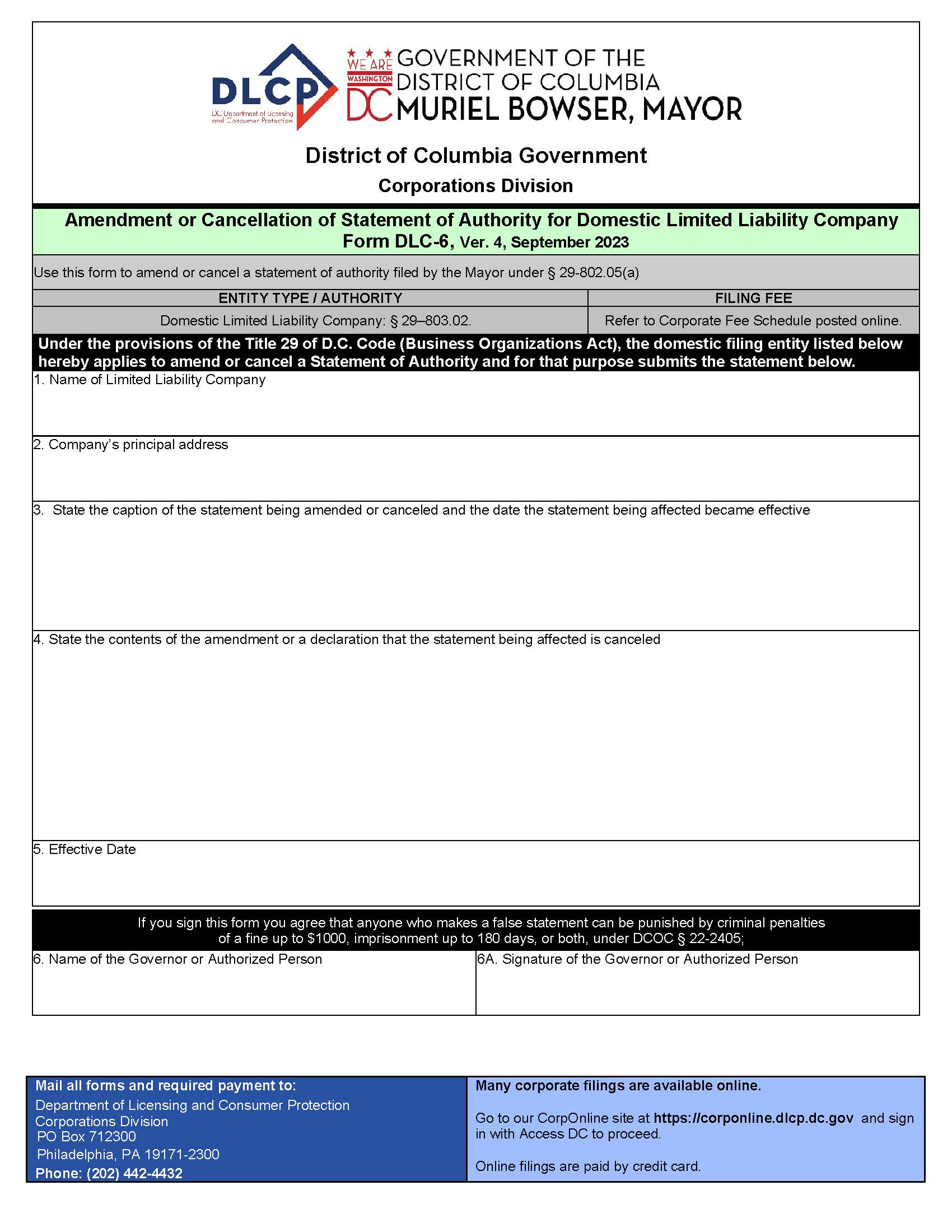 Amendment Or Cancellation Of Statement Of Authority For {DLC 6} | Pdf Fpdf Docx | District Of Columbia