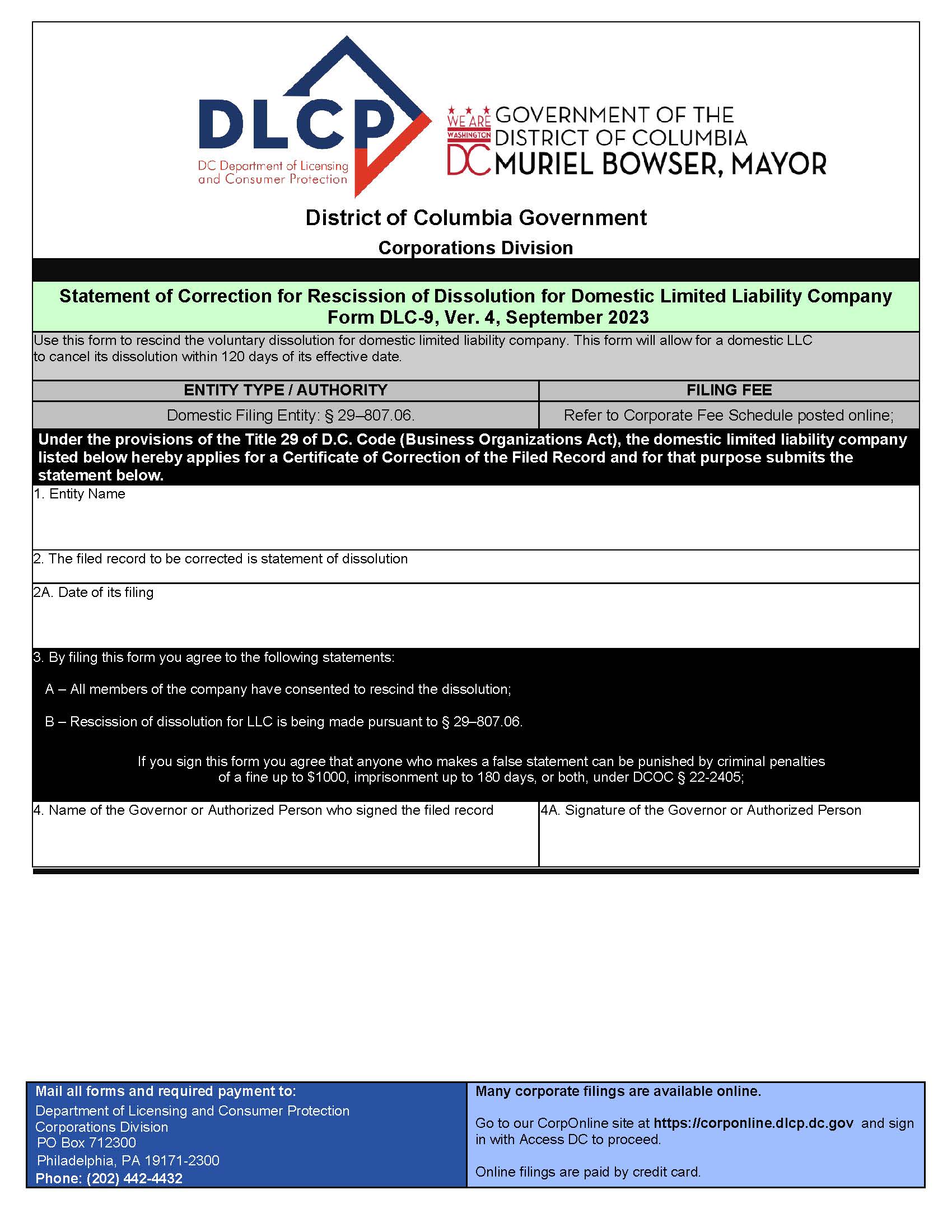 Statement Of Correction For Rescission Of Dissolution For Domestic LLC {DLC 9} | Pdf Fpdf Docx | District Of Columbia