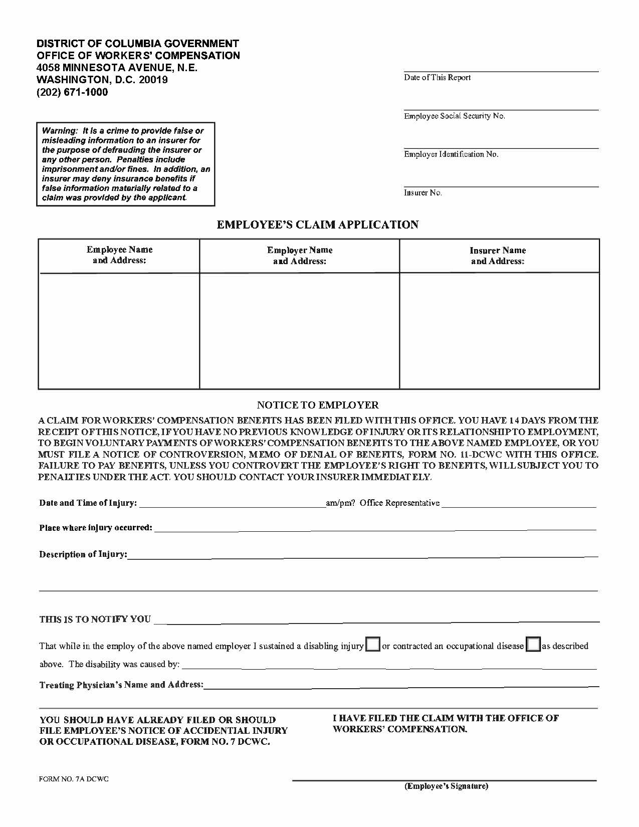 Employees Claim Application {7A DCWC} | Pdf Fpdf Doc Docx | District Of Columbia