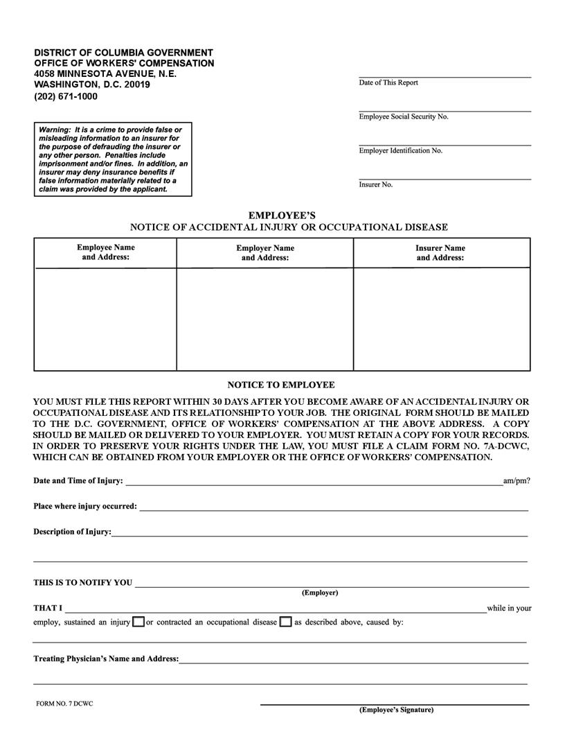 Employees Notice Of Accidental Injury Or Occupational Disease {7 DCWC} | Pdf Fpdf Doc Docx | District Of Columbia