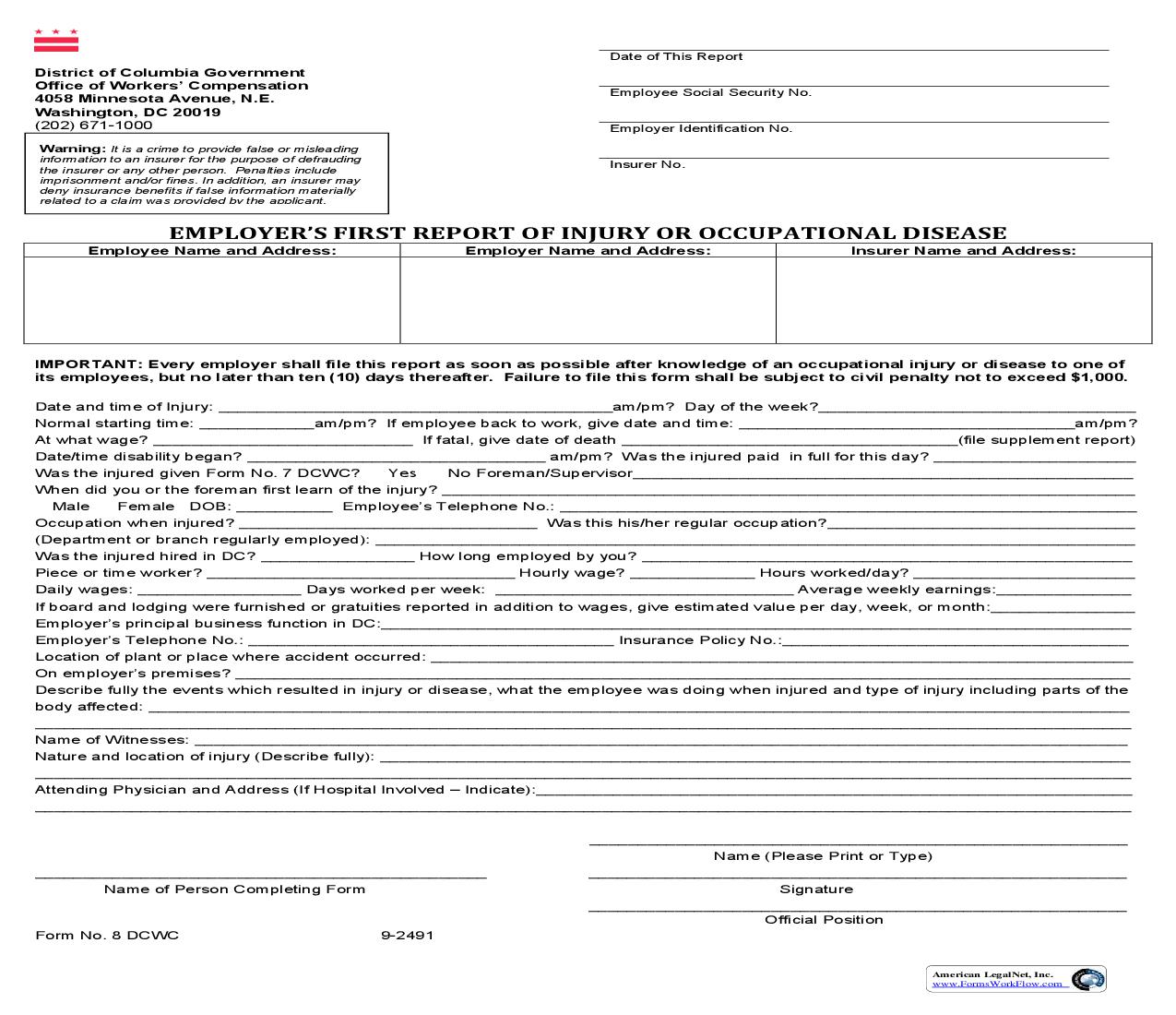 Employers First Report Of Injury Or Occupational Disease {8 DCWC} | Pdf Fpdf Doc Docx | District Of Columbia