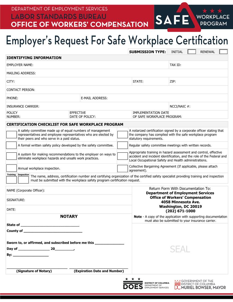 Employers Request For Safe Workplace Certification | Pdf Fpdf Docx | District Of Columbia