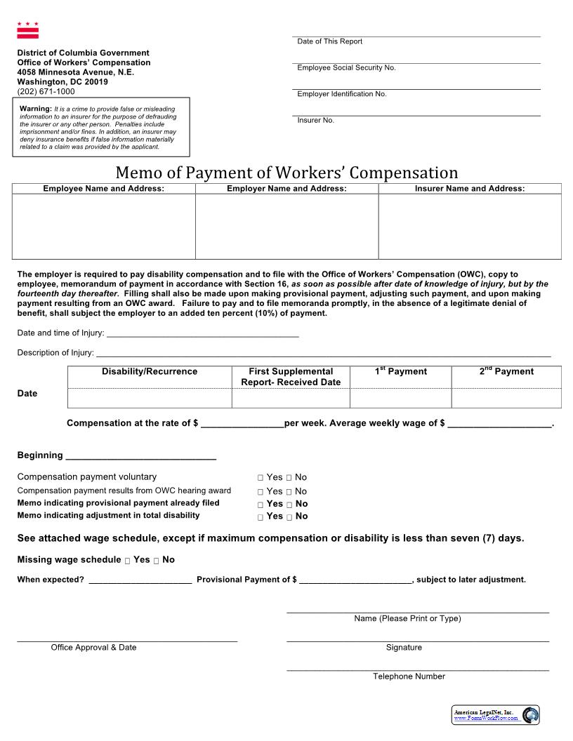 Memo Of Payment Of Workers Compensation | Pdf Fpdf Docx | District Of Columbia