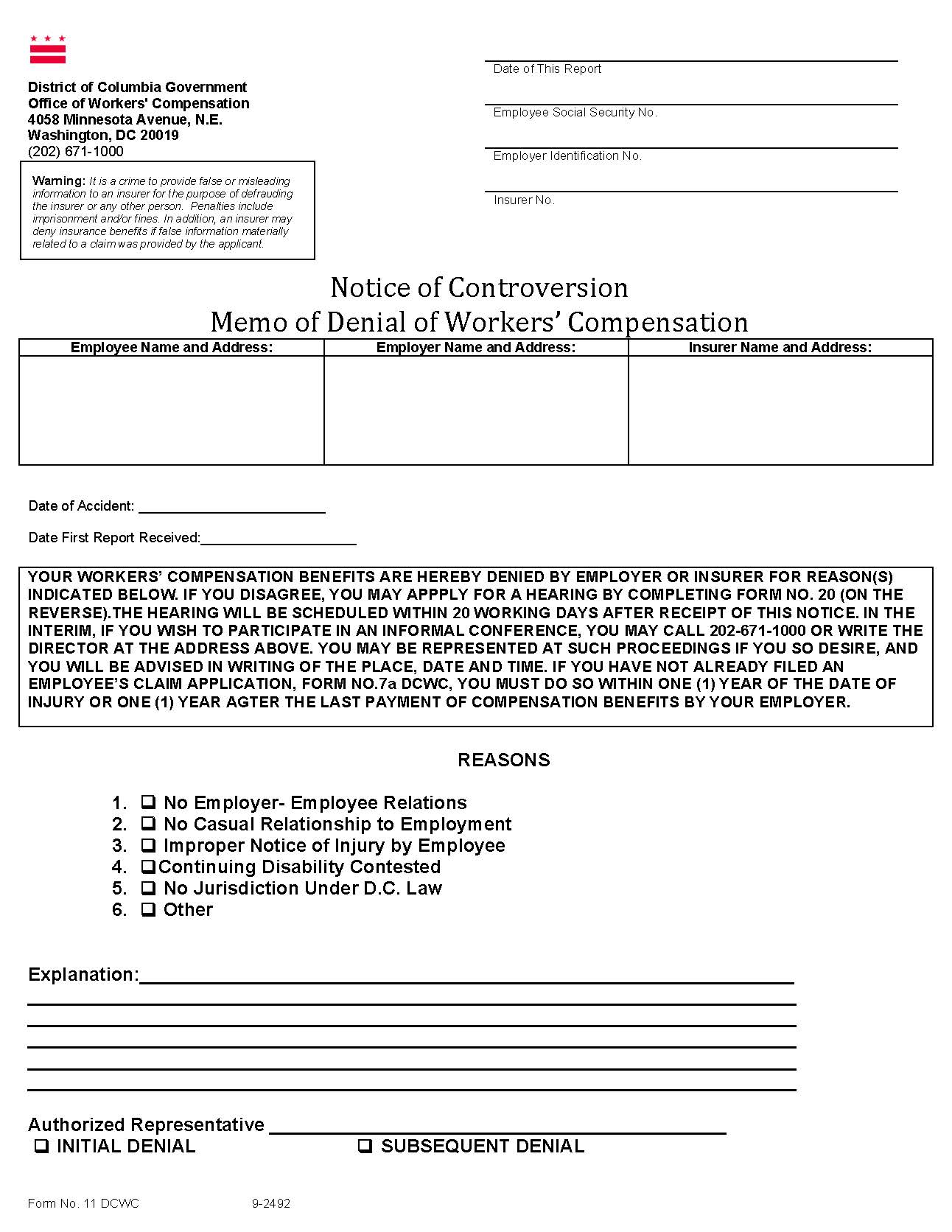 Notice Of Controversion Memo Of Denial Of Workers Compensation {11 DCWC} | Pdf Fpdf Docx | District Of Columbia