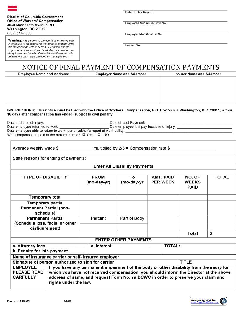 Notice Of Final Payment Of Compensation Payments {15 DCWC} | Pdf Fpdf Docx | District Of Columbia