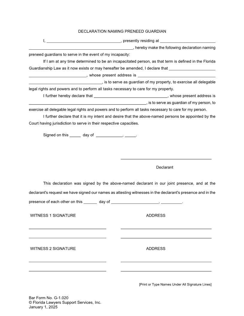 Declaration Naming Preneed Guardian {G-1.020} | Pdf Fpdf Doc Docx | FLSSI Guardianship