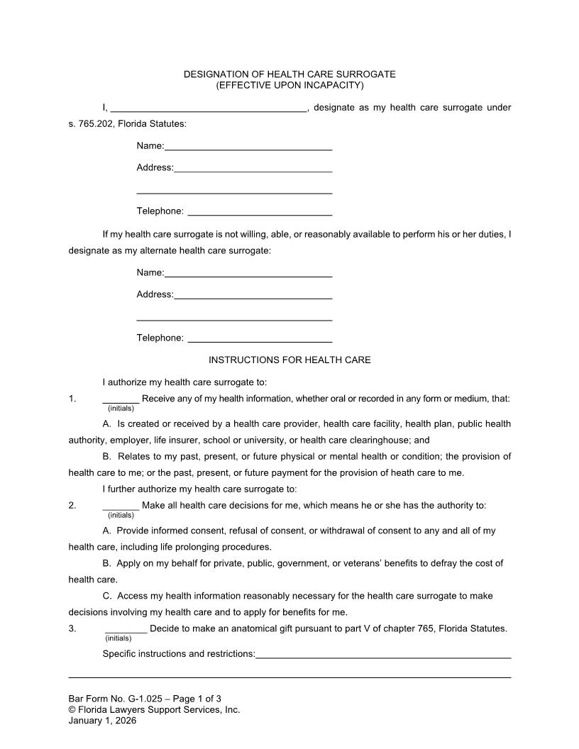 Designation Of Health Care Surrogate {G-1.025} | Pdf Fpdf Doc Docx | FLSSI Guardianship