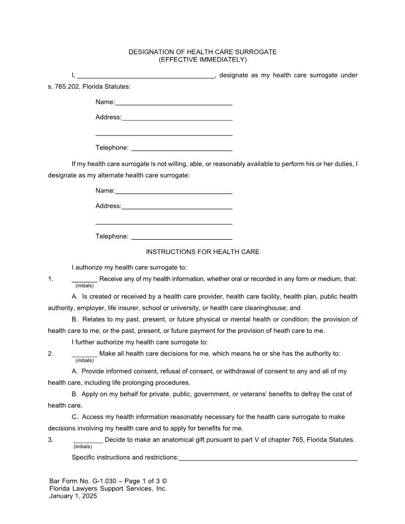 Designation Of Health Care Surrogate Effective Immediately Option {G-1.030} | Pdf Fpdf Doc Docx | FLSSI Guardianship