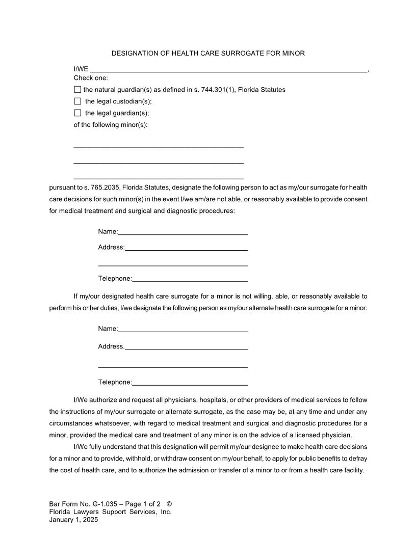 Designation Of Health Care Surrogate For Minor {G-1.035} | Pdf Fpdf Doc Docx | FLSSI Guardianship