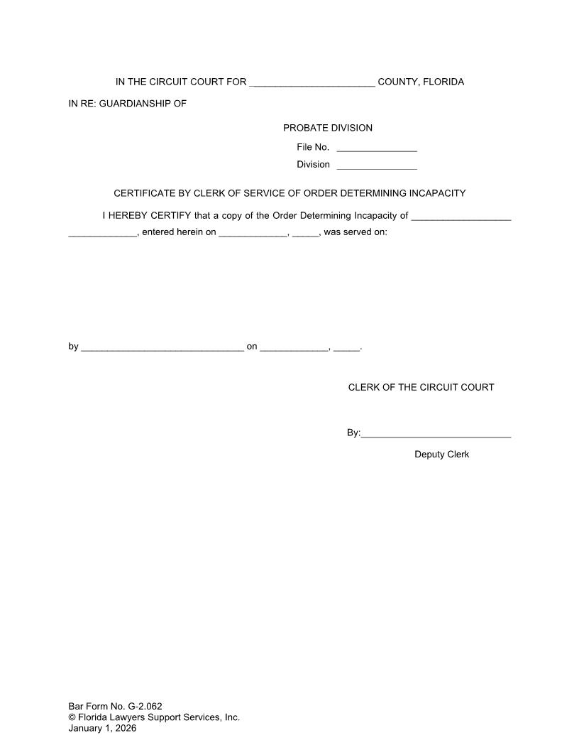 Certificate Of Service By Clerk Of Order Determining Incapacity {G-2.062} | Pdf Fpdf Doc Docx | FLSSI Guardianship