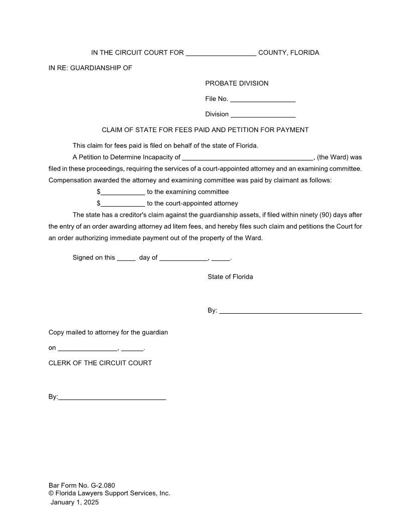 Claim Of State For Fees Paid And Petition For Payment {G-2.080} | Pdf Fpdf Doc Docx | FLSSI Guardianship