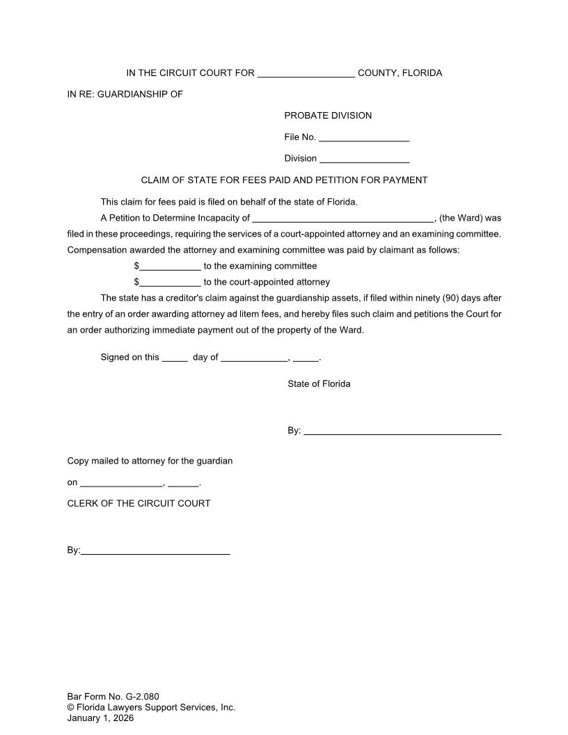 Claim Of State For Fees Paid And Petition For Payment {G-2.080} | Pdf Fpdf Doc Docx | FLSSI Guardianship