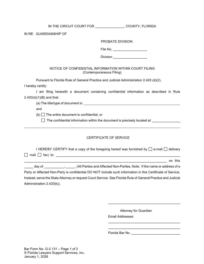 Notice Of Confidential Information Within Court Filing (Contemporaneous Filing) {G-2.131} | Pdf Fpdf Doc Docx | FLSSI Guardianship