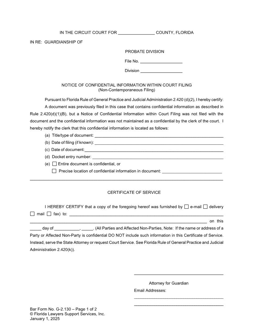 Notice Of Confidential Information Within Court Filing (Non-Contemporaneous Filing) {G-2.130} | Pdf Fpdf Docx | FLSSI Guardianship