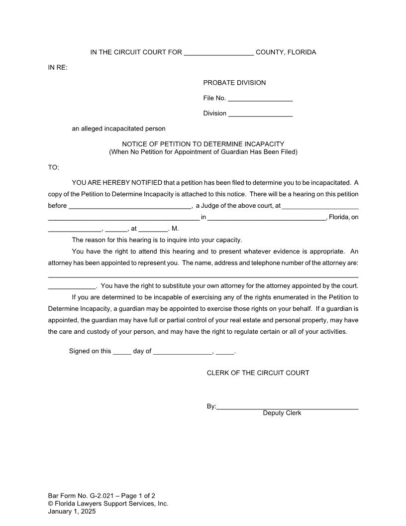 Notice Of Petition To Determine Incapacity When No Petition For Guardian Filed {G-2.021} | Pdf Fpdf Doc Docx | FLSSI Guardianship