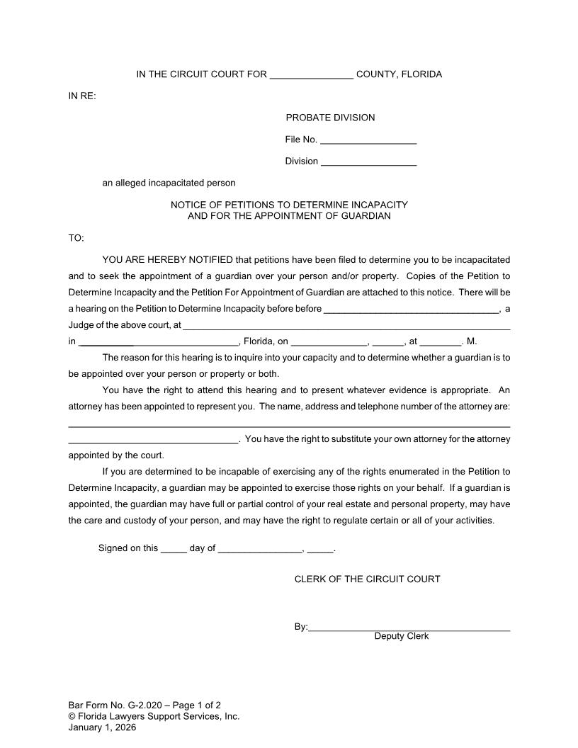 Notice Of Petitions To Determine Incapacity And For Appointment Of Guardian {G-2.020} | Pdf Fpdf Doc Docx | FLSSI Guardianship