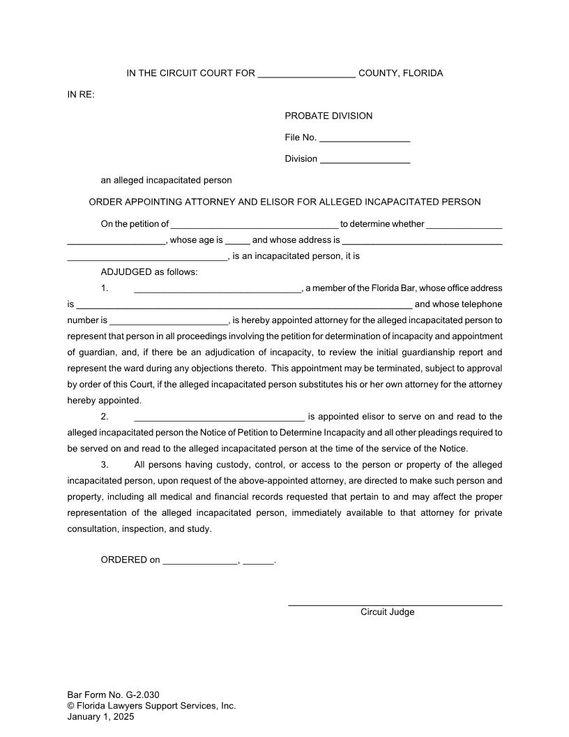 Order Appointing Attorney And Elisor For Alleged Incapacitated Person {G-2.030} | Pdf Fpdf Doc Docx | FLSSI Guardianship