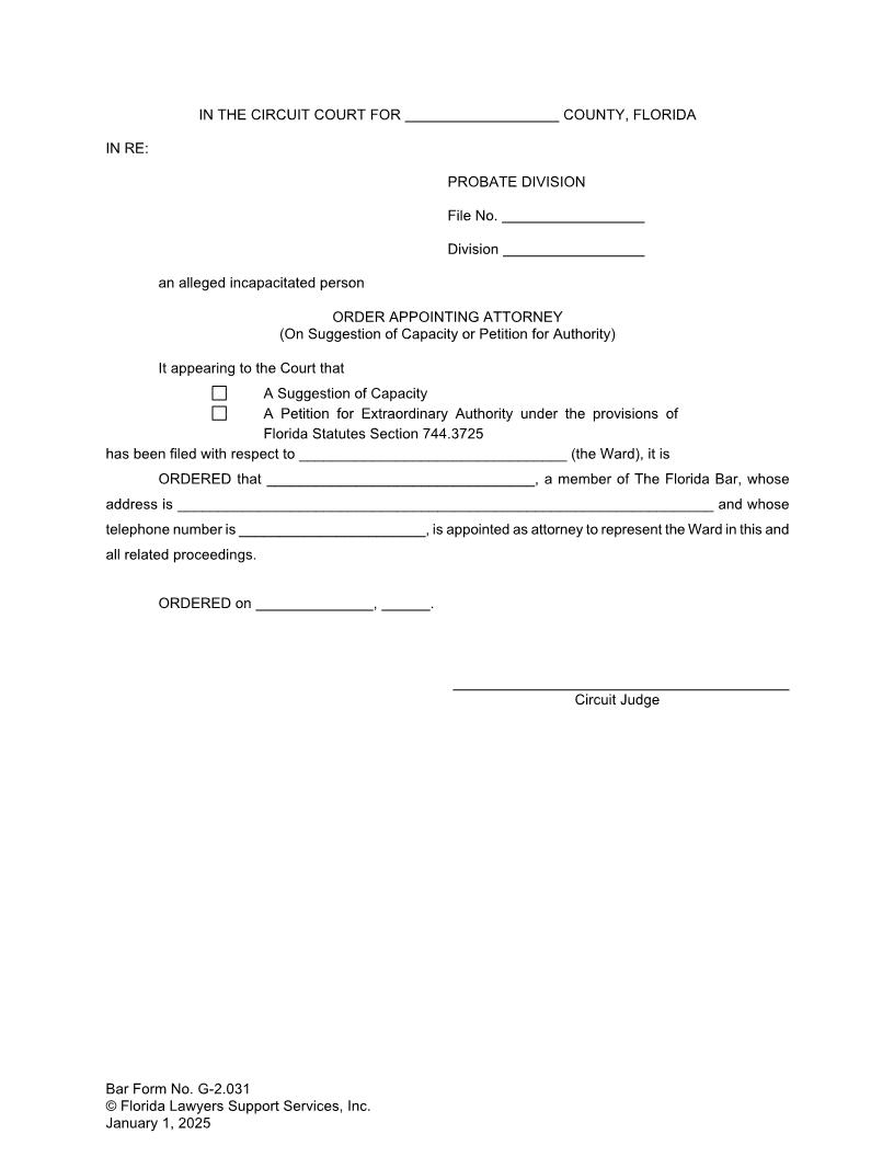 Order Appointing Attorney On Suggestion Of Capacity Or Petition For Authority {G-2.031} | Pdf Fpdf Doc Docx | FLSSI Guardianship