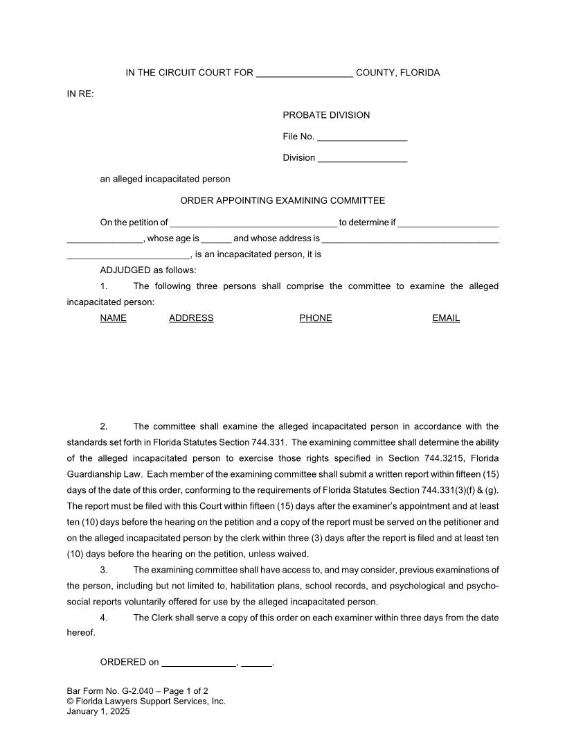 Order Appointing Examining Committee {G-2.040} | Pdf Fpdf Doc Docx | FLSSI Guardianship