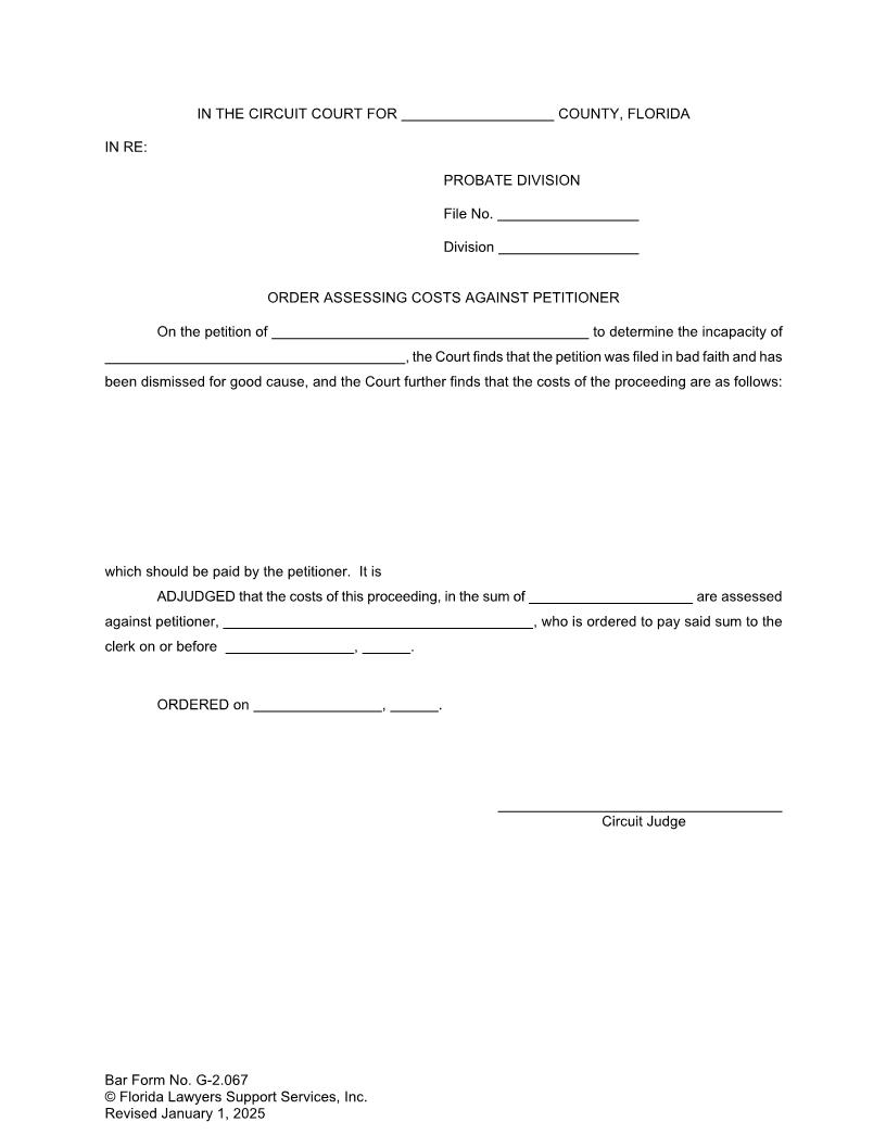 Order Assessing Costs Against Petitioner {G-2.067} | Pdf Fpdf Doc Docx | FLSSI Guardianship