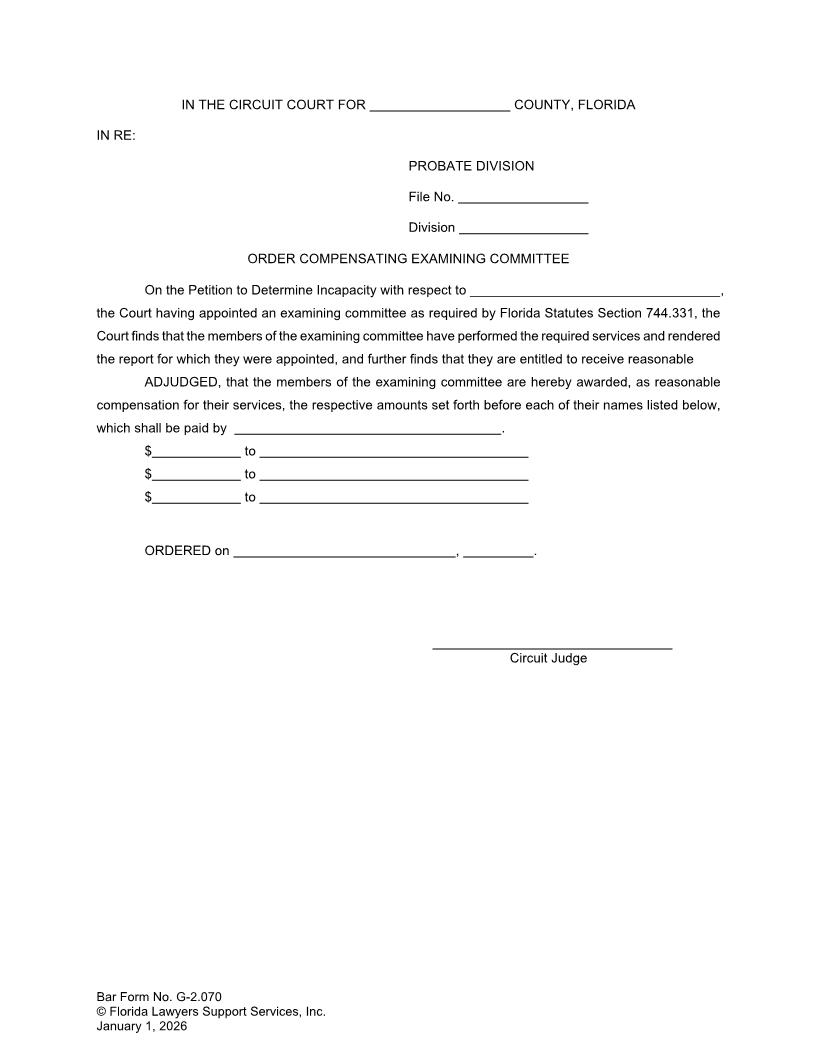 Order Compensating Examining Committee {G-2.070} | Pdf Fpdf Doc Docx | FLSSI Guardianship