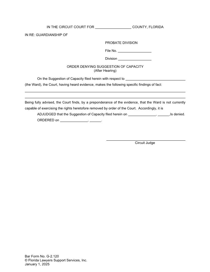 Order Denying Suggestion Of Capacity After Hearing {G-2.120} | Pdf Fpdf Doc Docx | FLSSI Guardianship