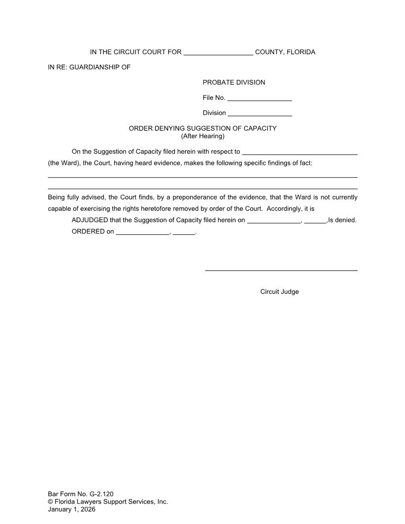 Order Denying Suggestion Of Capacity After Hearing {G-2.120} | Pdf Fpdf Doc Docx | FLSSI Guardianship