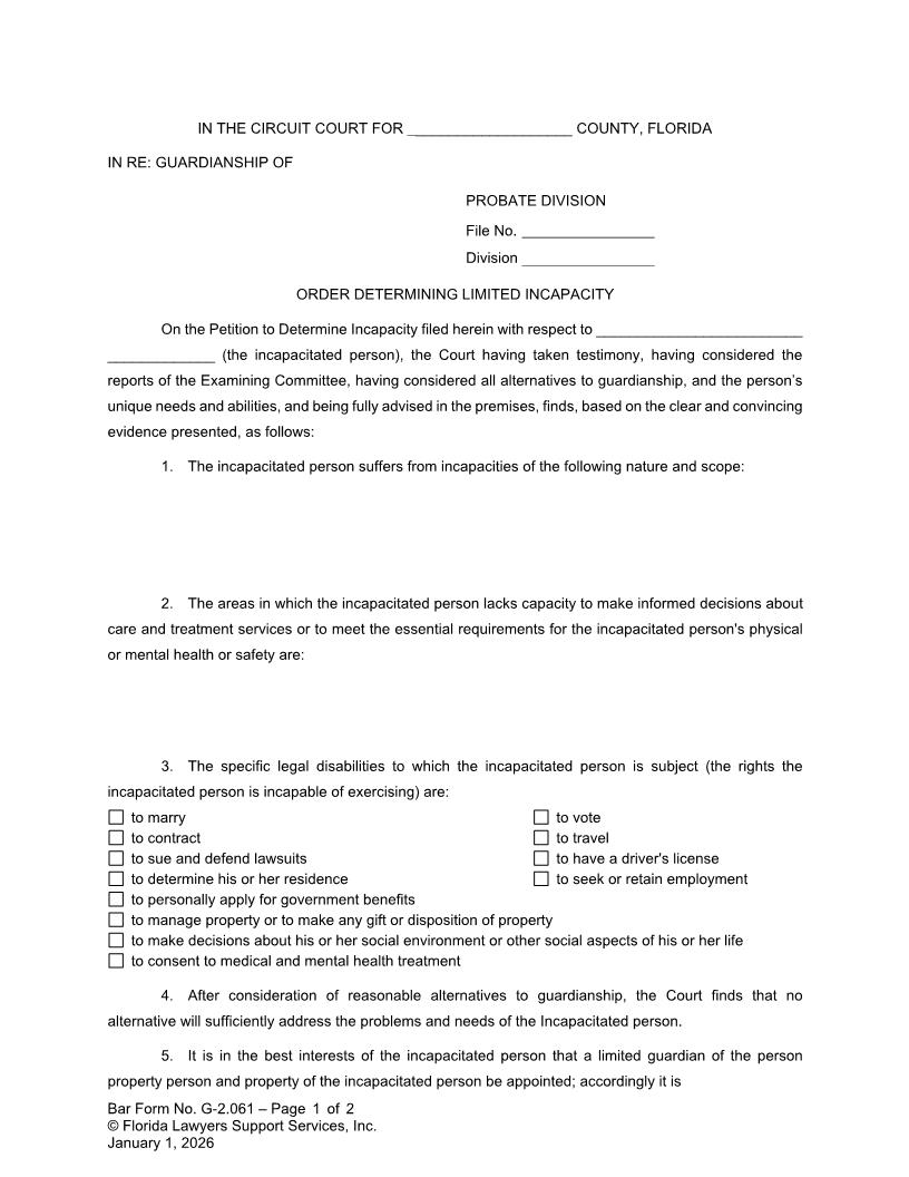 Order Determining Limited Incapacity {G-2.061} | Pdf Fpdf Doc Docx | FLSSI Guardianship