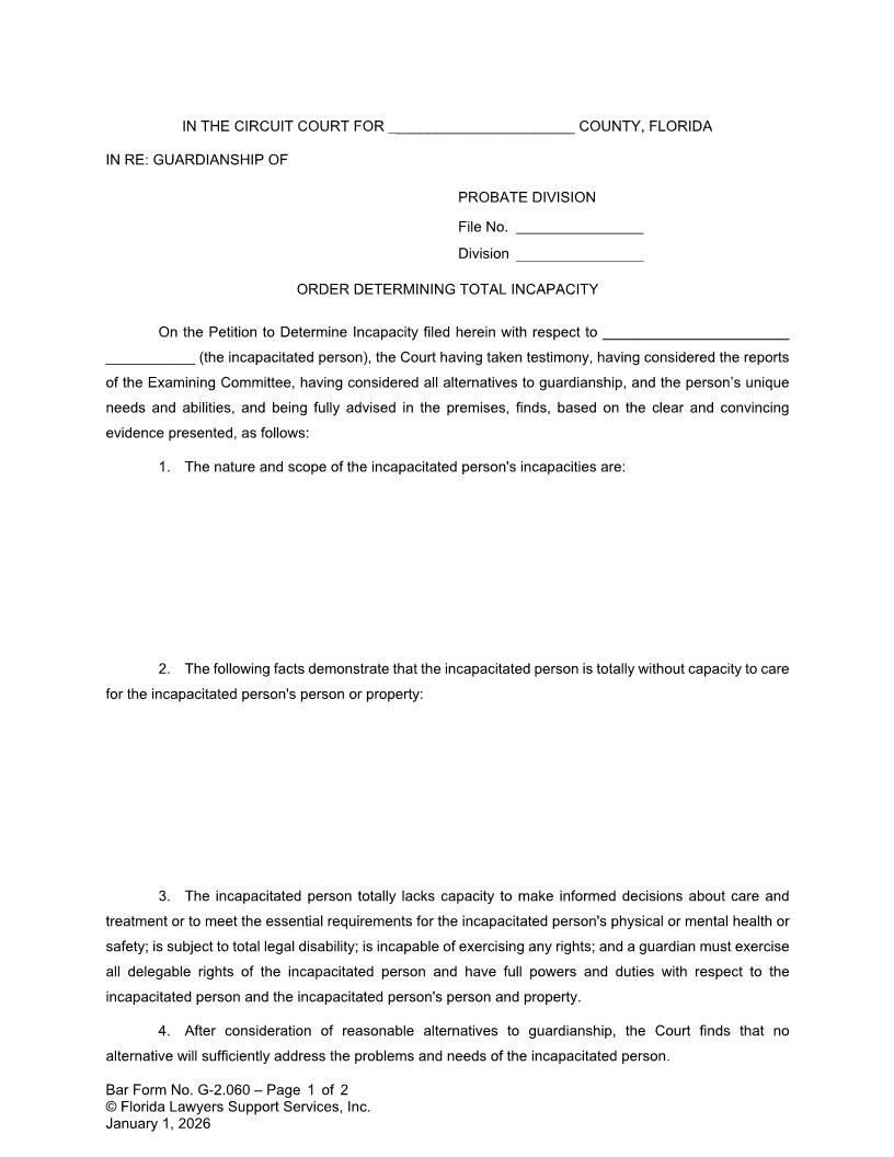 Order Determining Total Incapacity {G-2.060} | Pdf Fpdf Doc Docx | FLSSI Guardianship