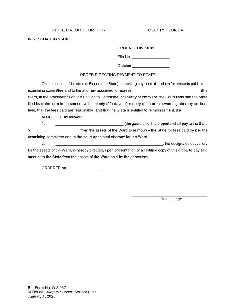 Order Directing Payment To State {G-2.087} | Pdf Fpdf Doc Docx | FLSSI Guardianship