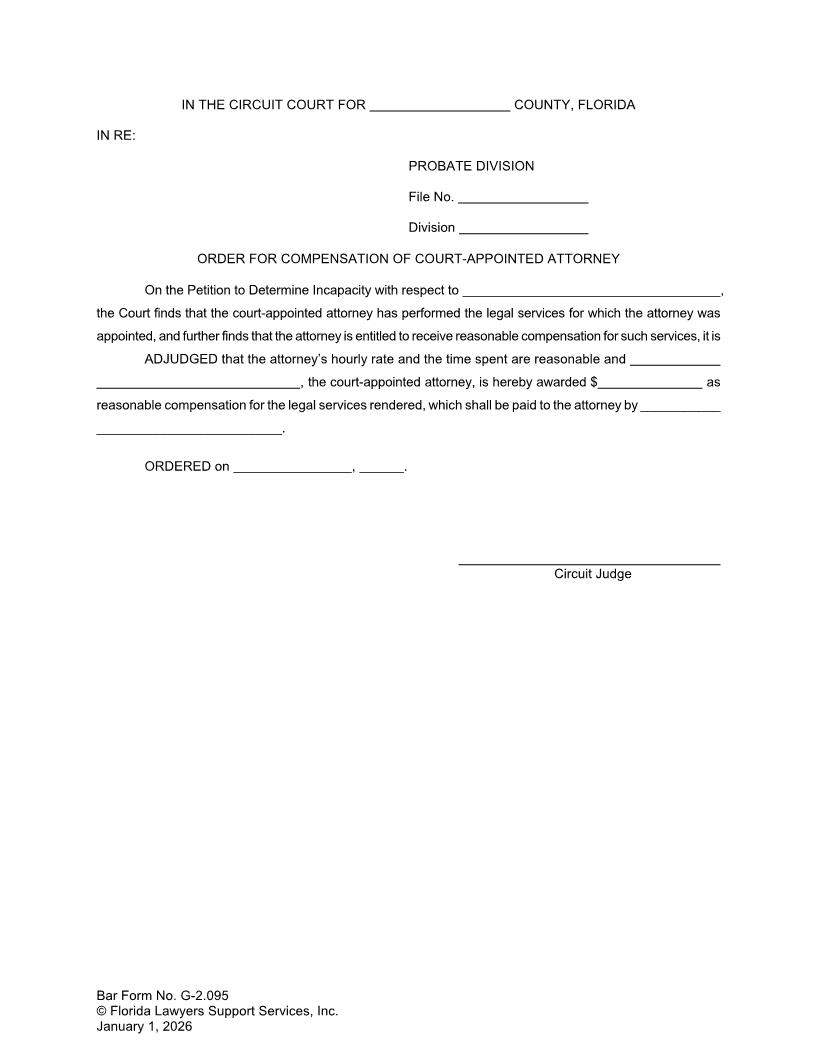 Order For Compensation Of Court Appointed Attorney {G-2.095} | Pdf Fpdf Doc Docx | FLSSI Guardianship
