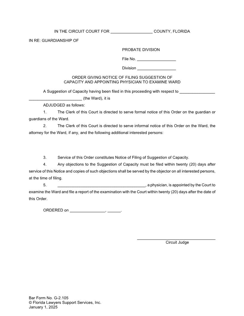 Order Notice Of Suggestion Of Capacity Appointing Physician To Examine Ward {G-2.105} | Pdf Fpdf Docx | FLSSI Guardianship
