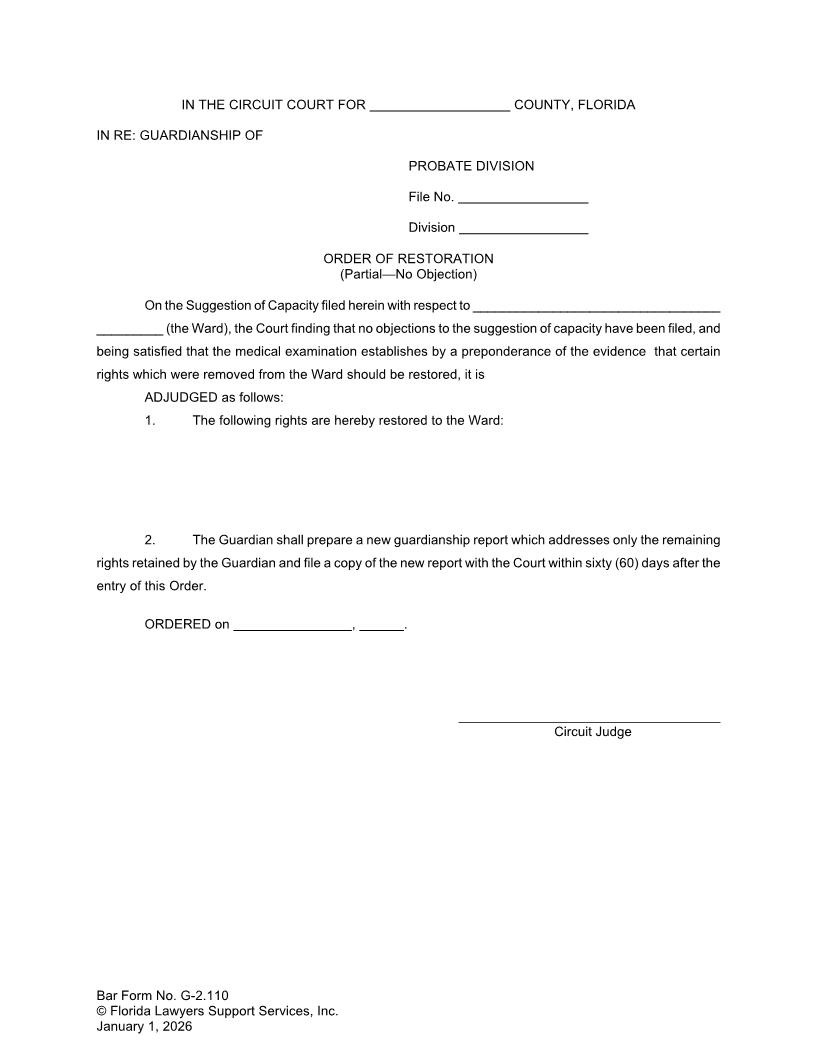 Order Of Restoration (Partial No Objection) {G-2.110} | Pdf Fpdf Docx | FLSSI Guardianship
