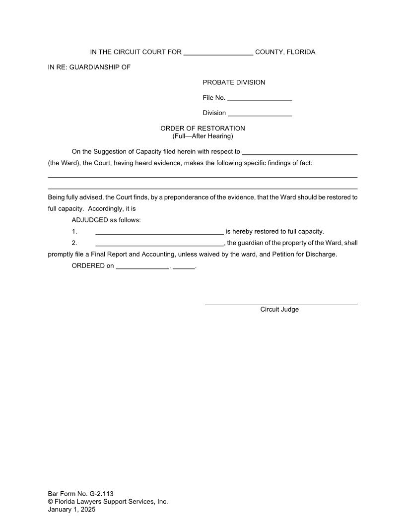 Order Of Restoration Full After Hearing {G-2.113} | Pdf Fpdf Doc Docx | FLSSI Guardianship